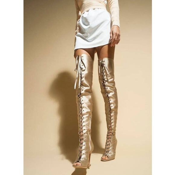 Gianvito Rossi Silk Gold Lace Up Over-The-Knee Thigh High Boots - Picture 1 of 16